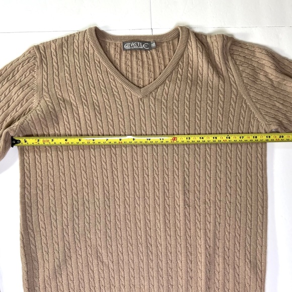 Castle of Ireland Irish Merino Wool Cable Knit V Neck Sweater M Tan Quiet Luxury - Picture 11 of 11